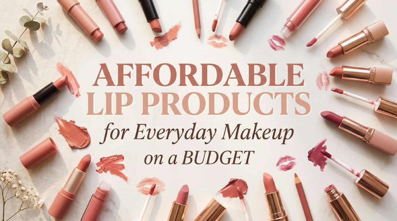 Affordable lip makeup products on a budget, including lipstick, lip liner, lip gloss, and tinted lip balm