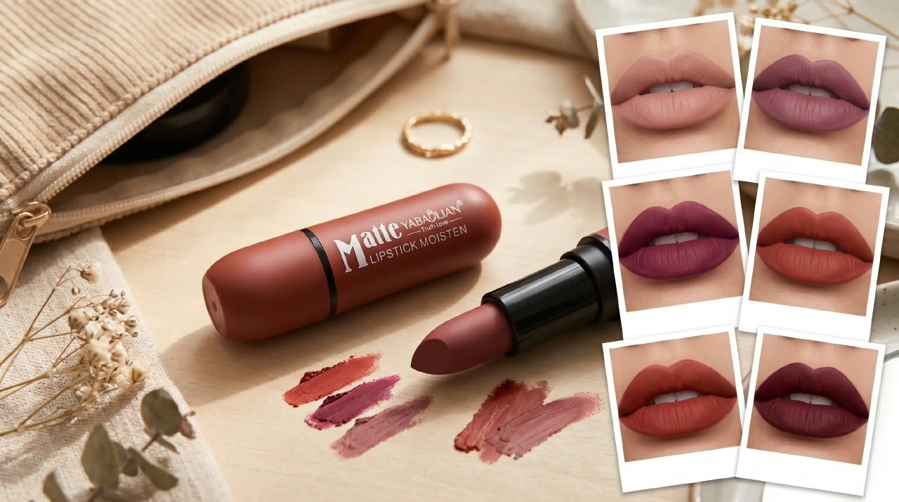 Six-color matte lipstick set featuring multiple shades for everyday lip makeup