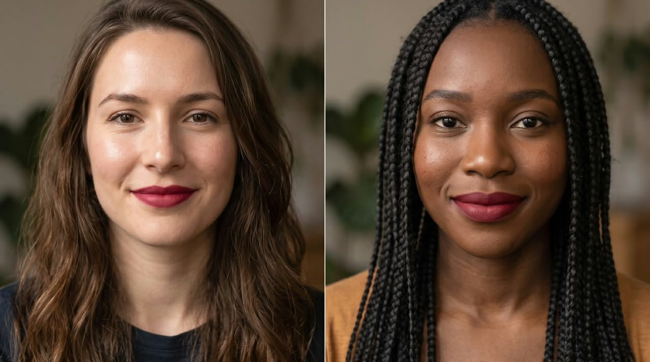 Two women with different skin tones wearing the same lipstick shade that appears different on each person.