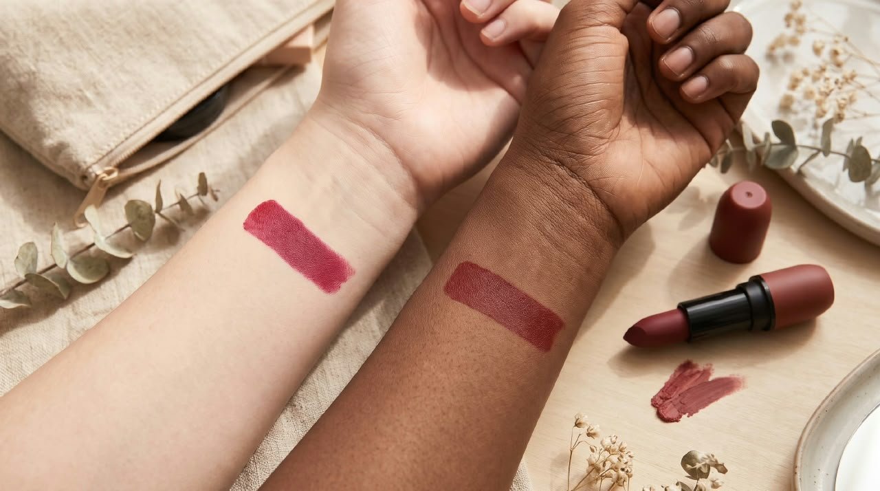 Lipstick swatches on the hands of two people with different skin tones showing how the same lipstick shade can appear different.