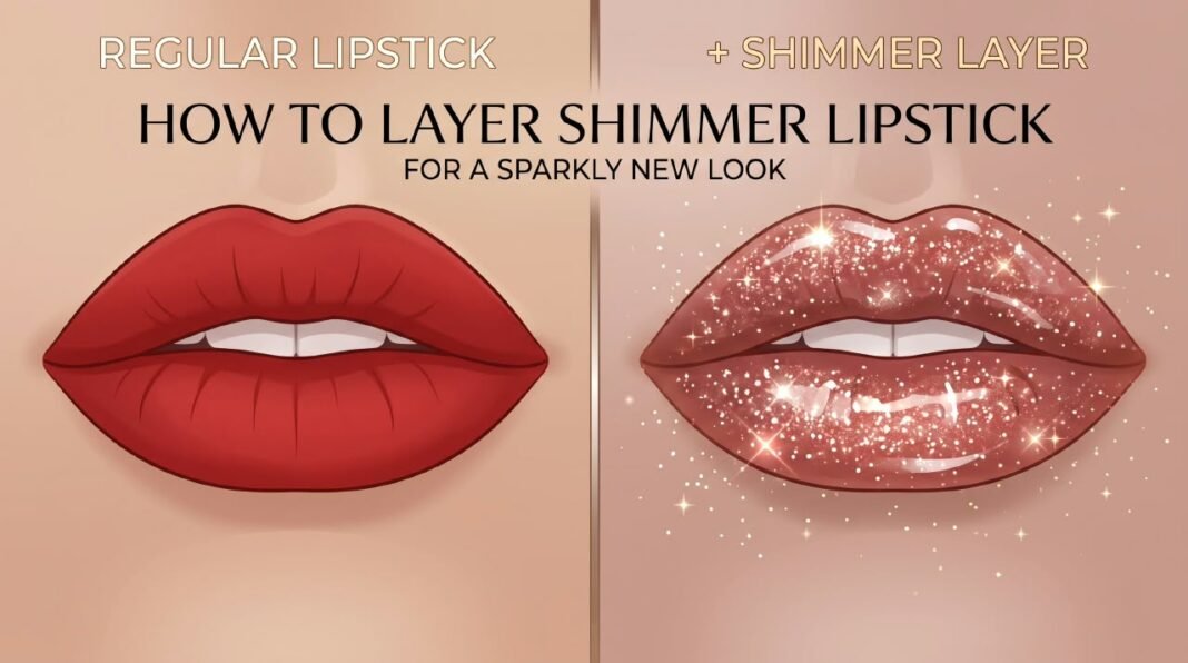 e: layer-shimmer-lipstick-over-regular-lipstick.jpg Alt text: Shimmer lipstick layered over regular pink lipstick on lips