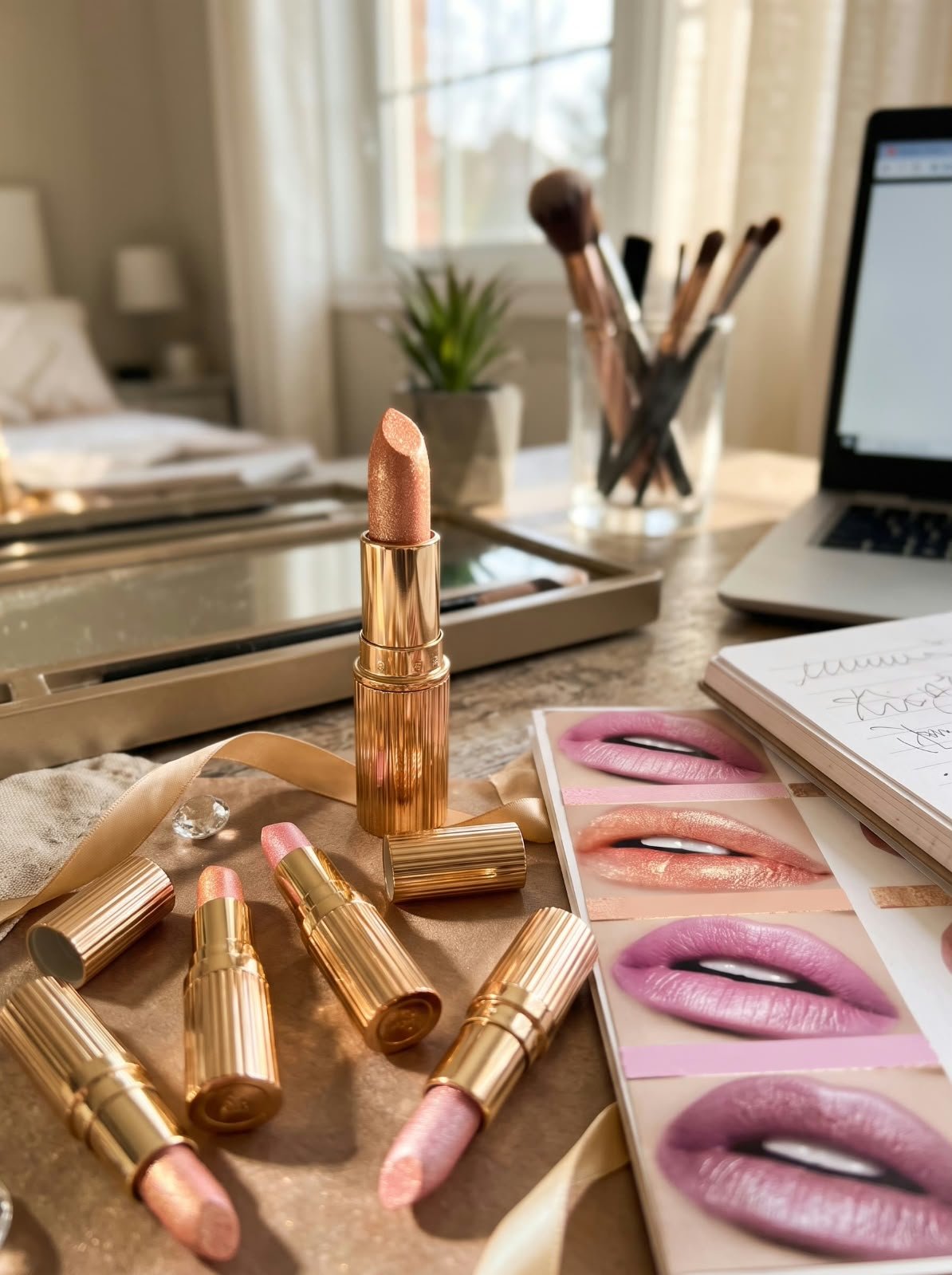 Sheer metallic lipstick with a soft shimmer finish for a subtle lip look