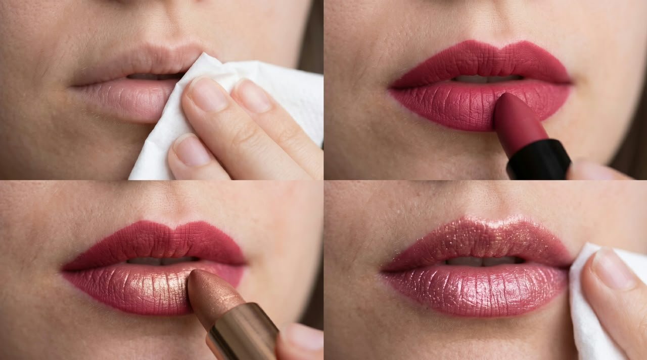 How to layer shimmer lipstick over regular lipstick in four easy steps.